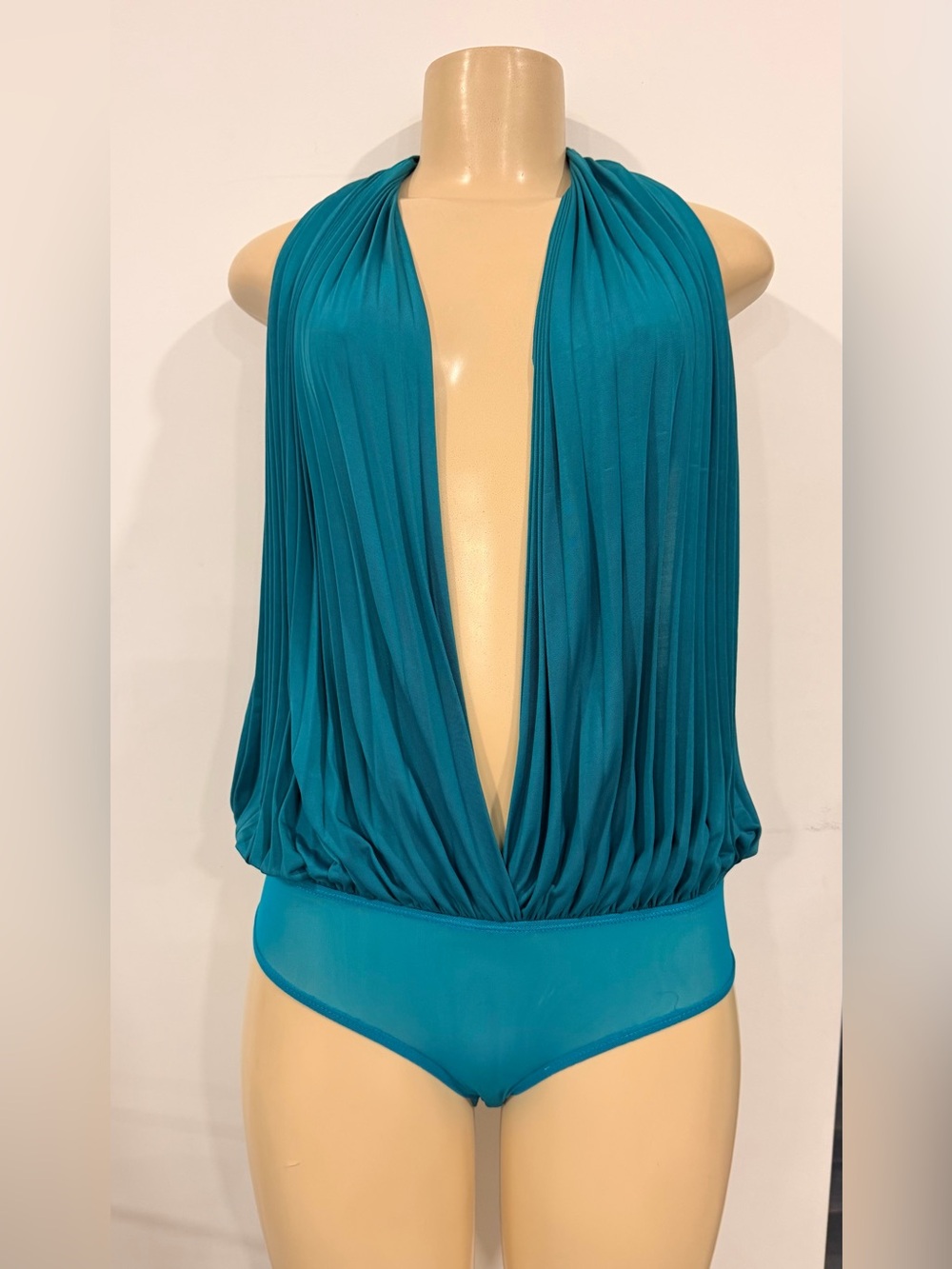 Caribbean Queen Teal Halter Bodysuit with Pleated Front
